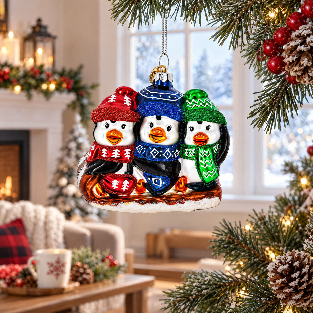 Penguin Trio Sledding Glass Christmas Ornament
