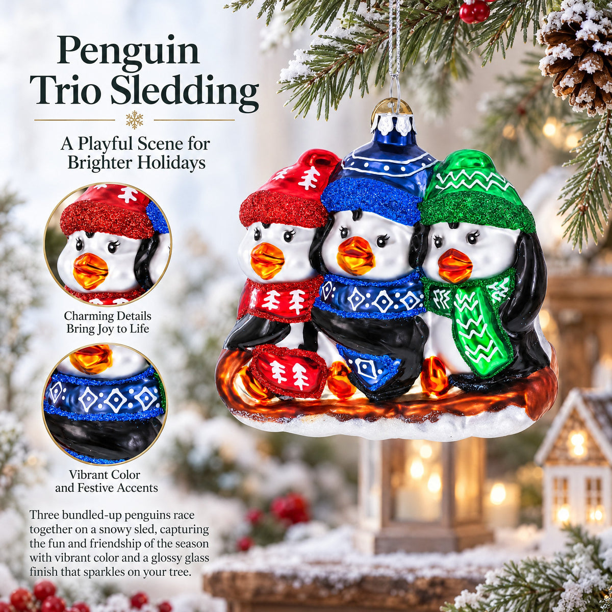 Penguin Trio Sledding Glass Christmas Ornament