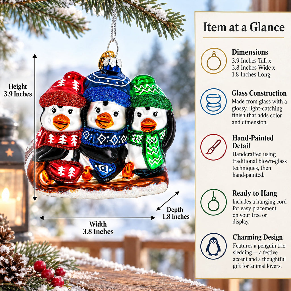 Penguin Trio Sledding Glass Christmas Ornament