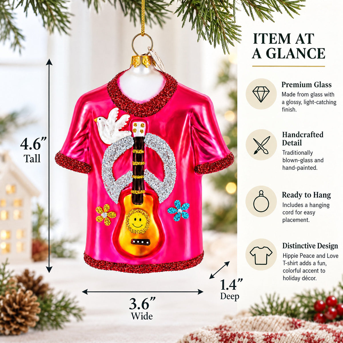 Hippie Peace & Love T-Shirt Glass Christmas Ornament