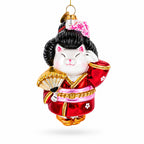 Geisha Cat in Kimono Glass Christmas Ornament