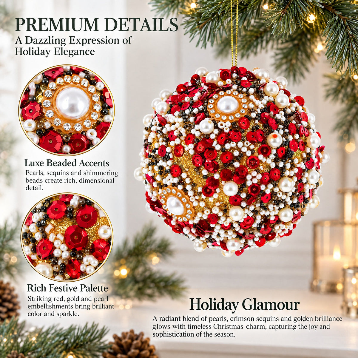Red & Gold Beaded Glass Christmas Ornament