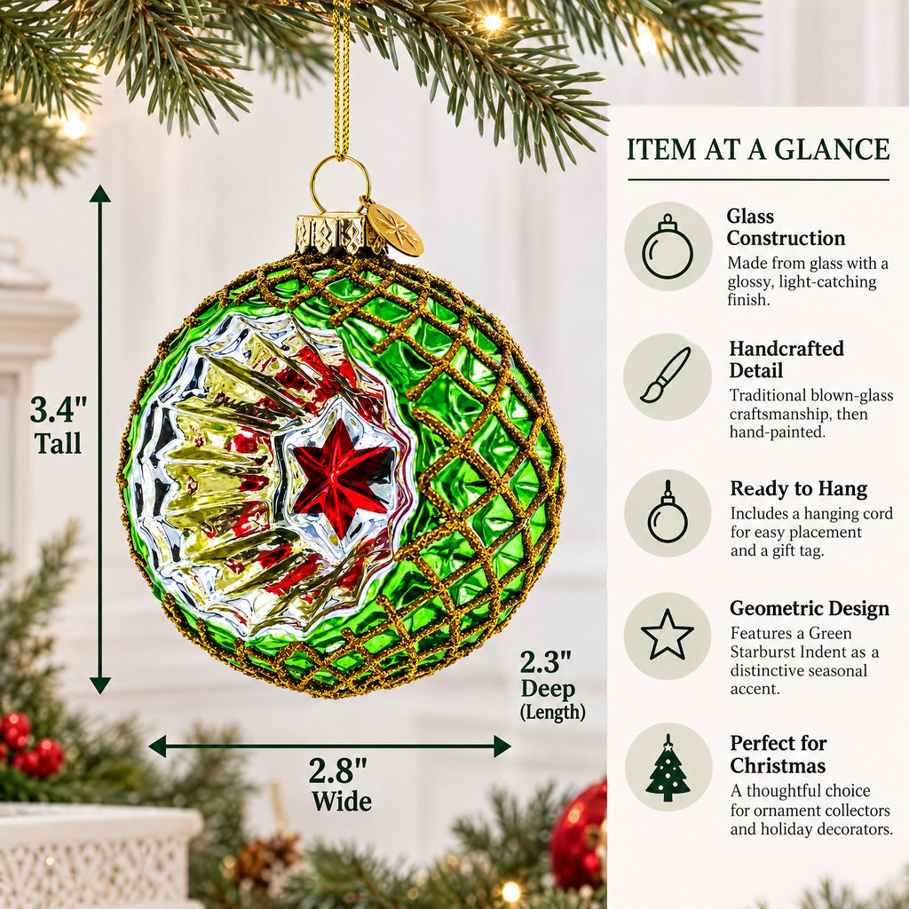 Green Starburst Indent Glass Christmas Ornament