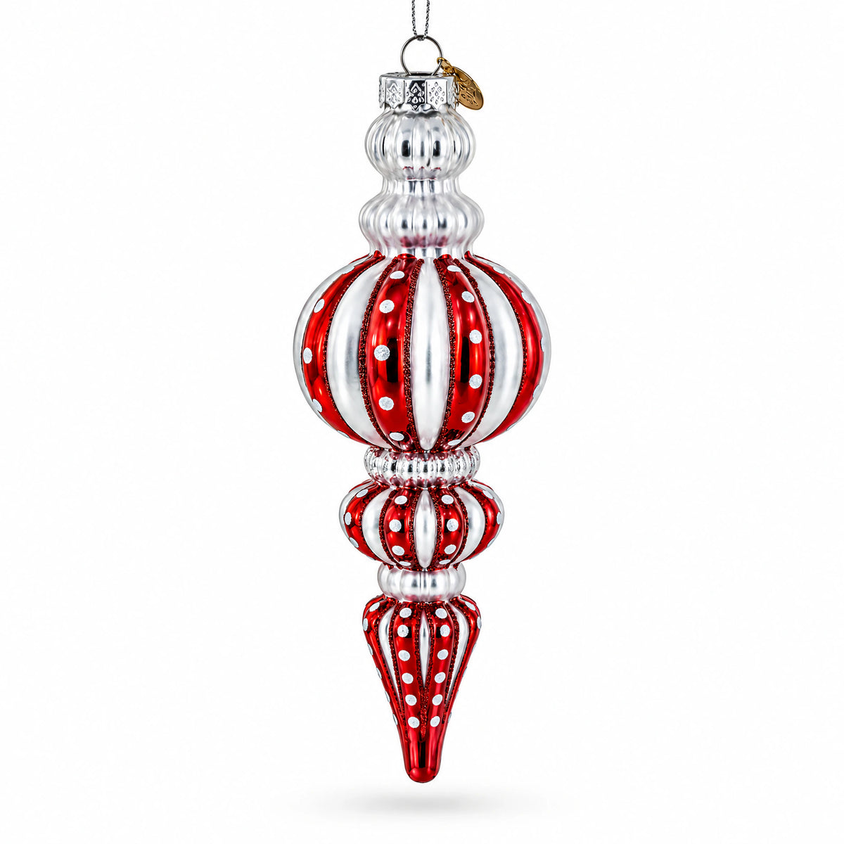 Red and Silver with Polka Dots Striped Glass Finial Christmas Ornament