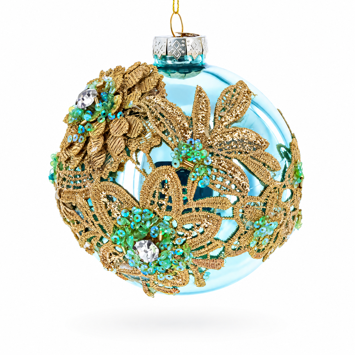 Gold Flower Lace on Green Glass Ball Christmas Ornament