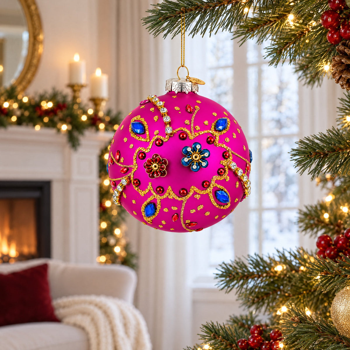 Bright Fuchsia with Glitter and Gems Glass Ball Christmas Ornament