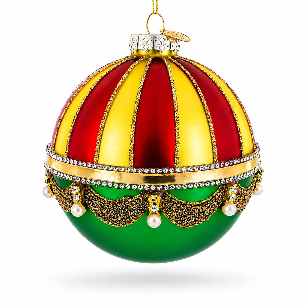 Red and Gold Dome with Green Drapes Glass Ball Christmas Ornament