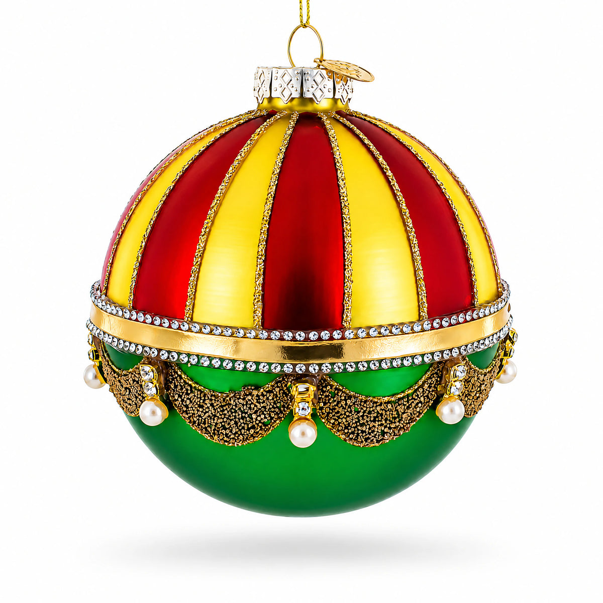 Red and Gold Dome with Green Drapes Glass Ball Christmas Ornament