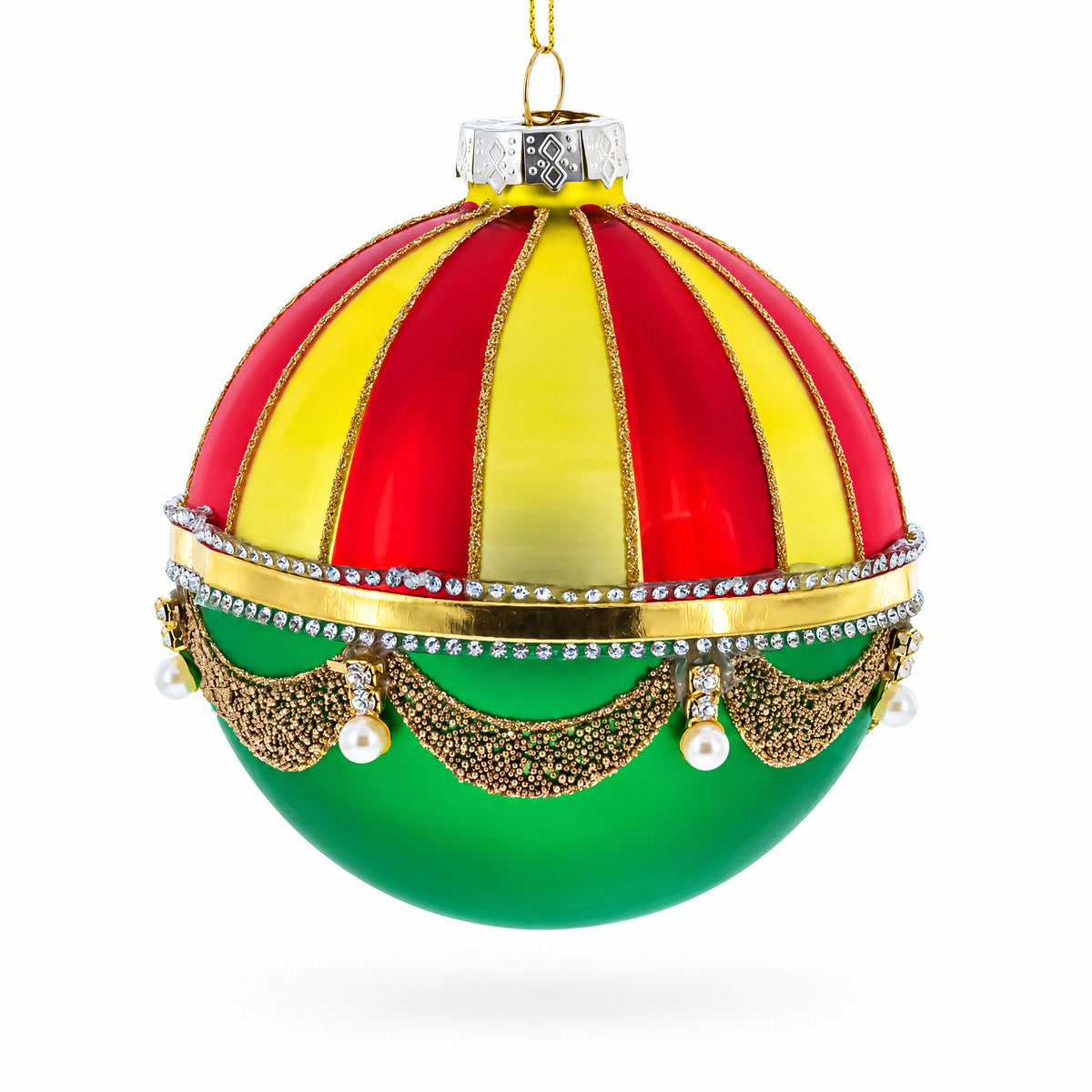 Red and Gold Dome with Green Drapes Glass Ball Christmas Ornament