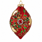 Red Teardrop with Jewel Center and Glitter Flowers Glass Christmas Ornament