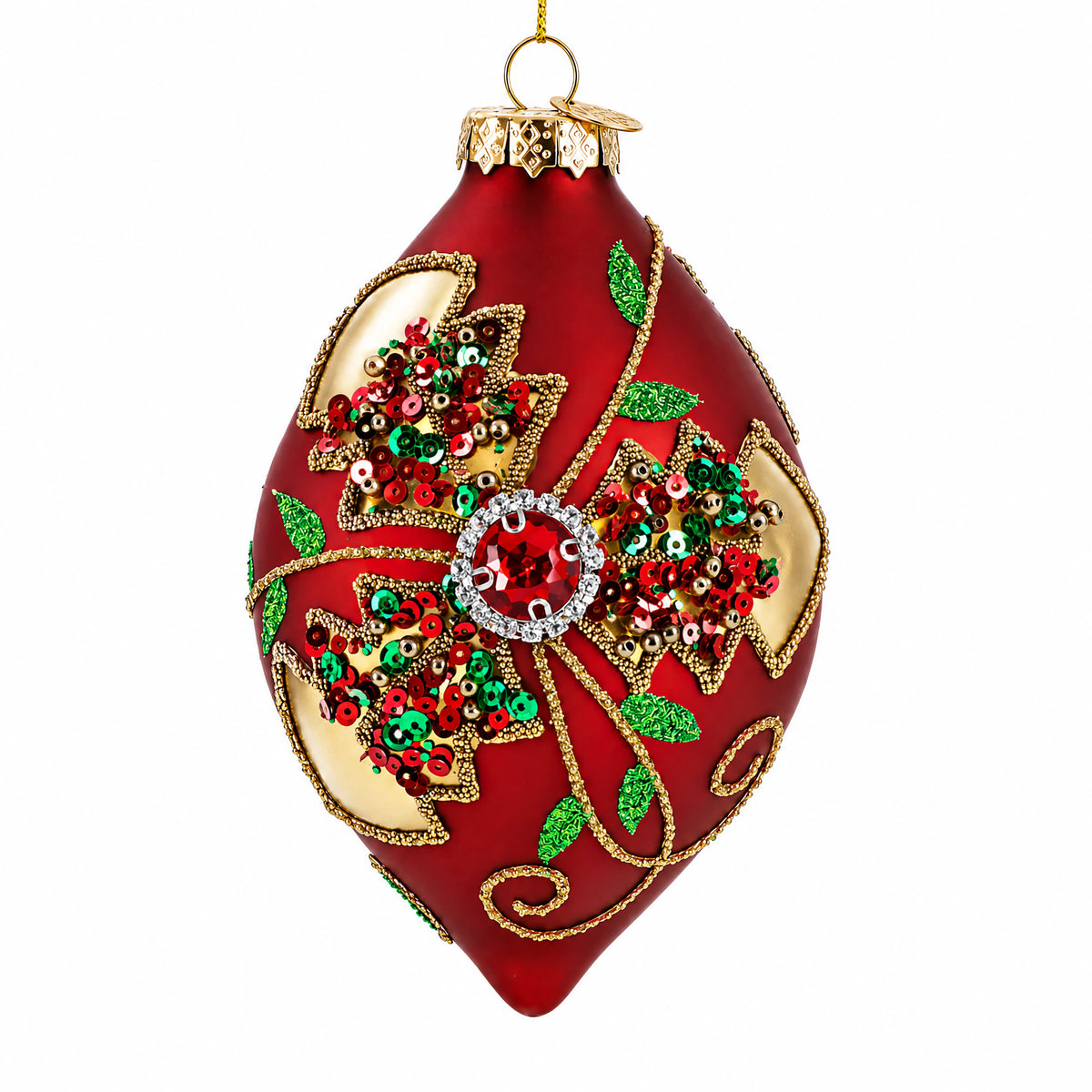 Red Teardrop with Jewel Center and Glitter Flowers Glass Christmas Ornament