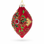 Red Teardrop with Jewel Center and Glitter Flowers Glass Christmas Ornament