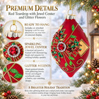 Red Teardrop with Jewel Center and Glitter Flowers Glass Christmas Ornament