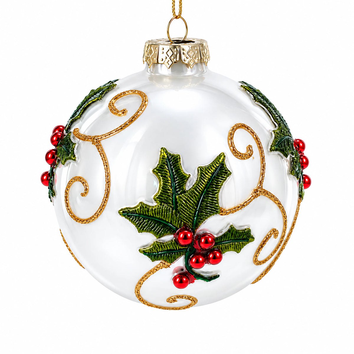 Holly Leaves and Gold Swirls Glass Ball Christmas Ornament