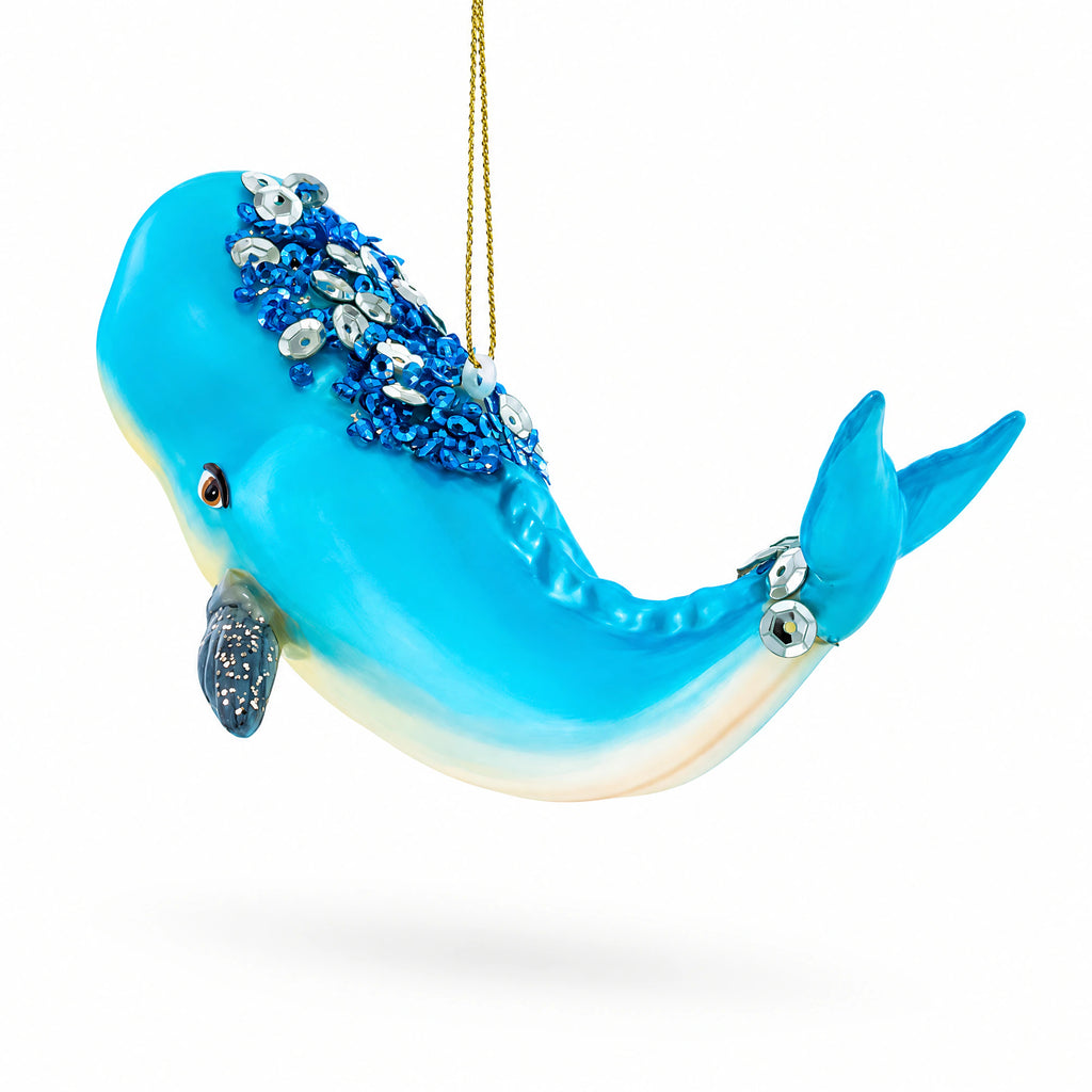 Whale with Sequins and Glitter Glass Christmas Ornament