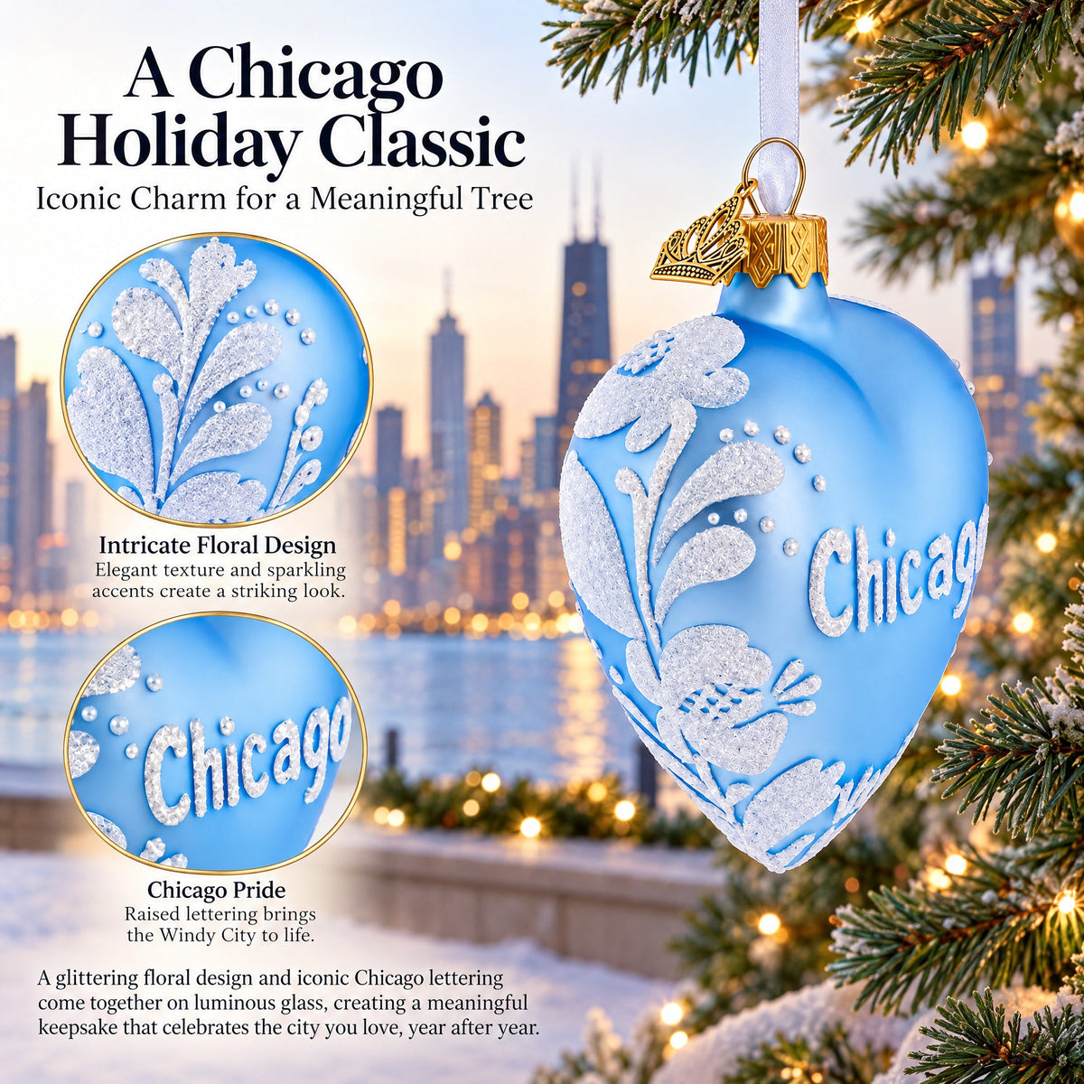 Chicago Glass Heart Christmas Ornament