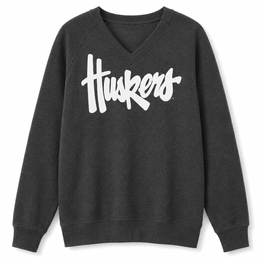 Huskers Sewn Sparkle Appliqué Gray Licensed Women's V-Neck Sweatshirt | Multiple Sizes | H.Flynn Designs