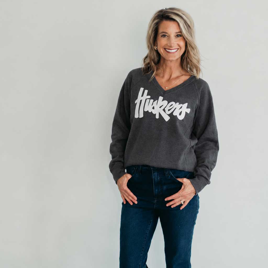 Huskers Sewn Sparkle Appliqué Gray Licensed Women's V-Neck Sweatshirt | Multiple Sizes | H.Flynn Designs