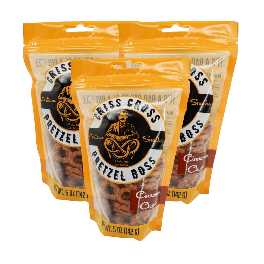 Cinnamon Churro Flavored Pretzels | Pack of 3 | 5 oz | Criss Cross Pretzel Boss