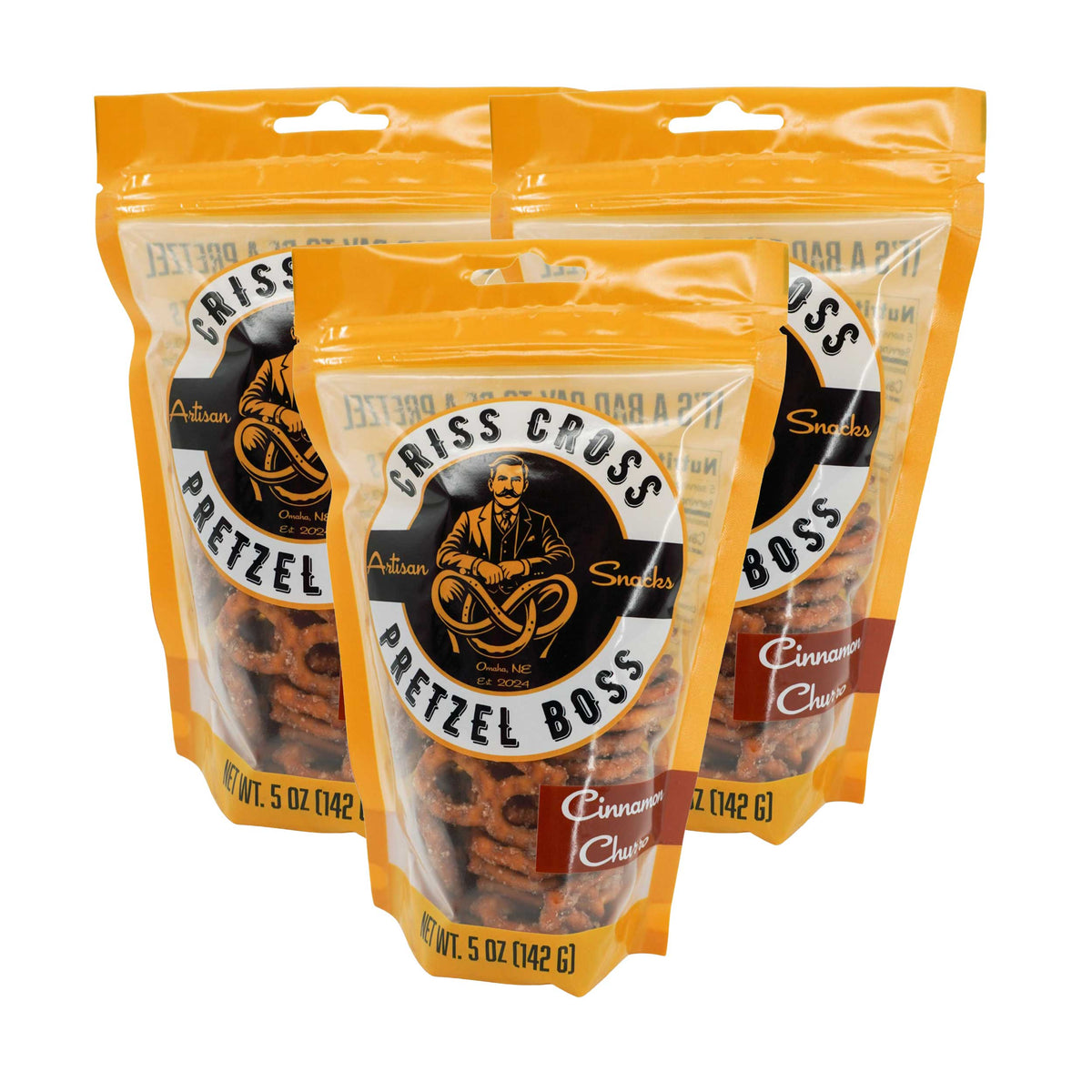 Cinnamon Churro Flavored Pretzels | Pack of 3 | 5 oz | Criss Cross Pretzel Boss