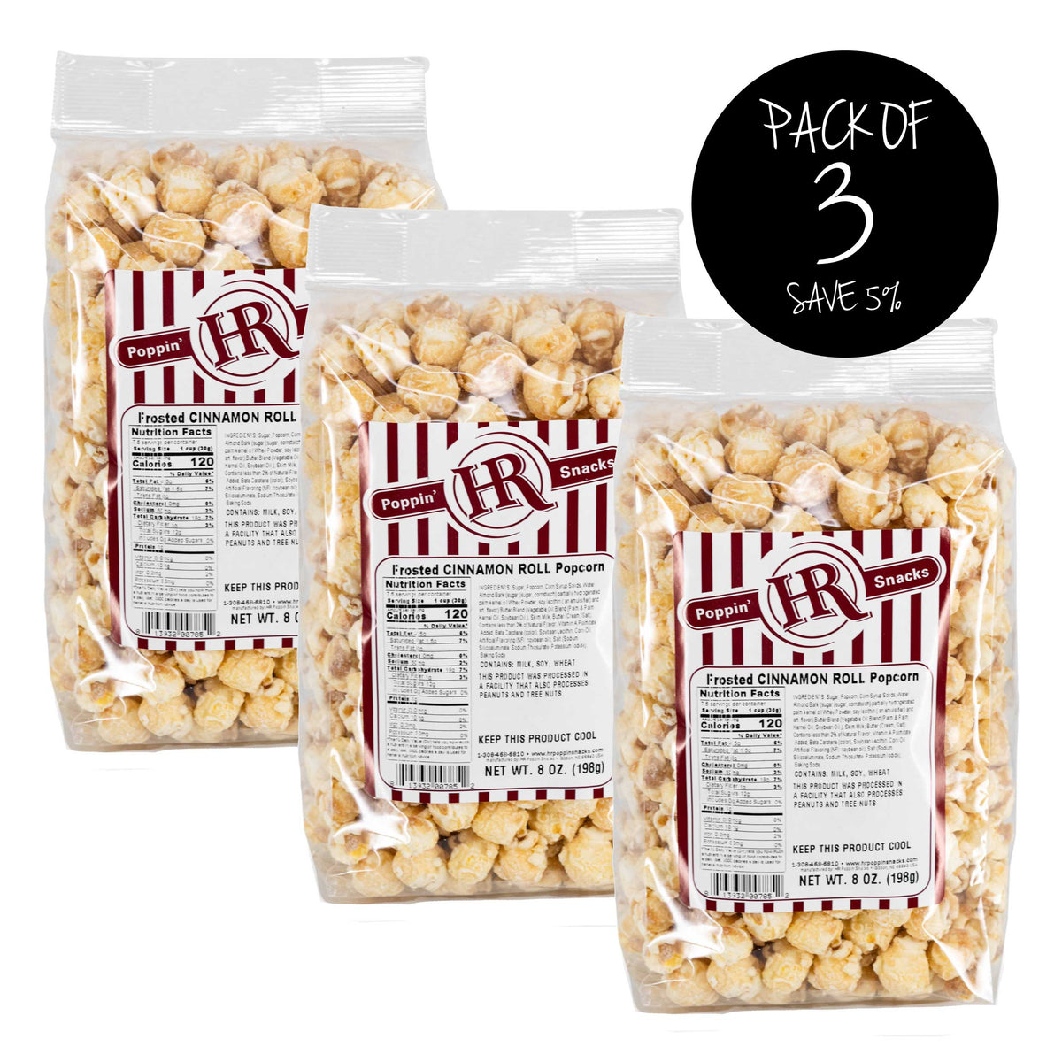 Frosted Cinnamon Roll Popcorn | Pack of 3 | 8 oz | HR Poppin' Snacks