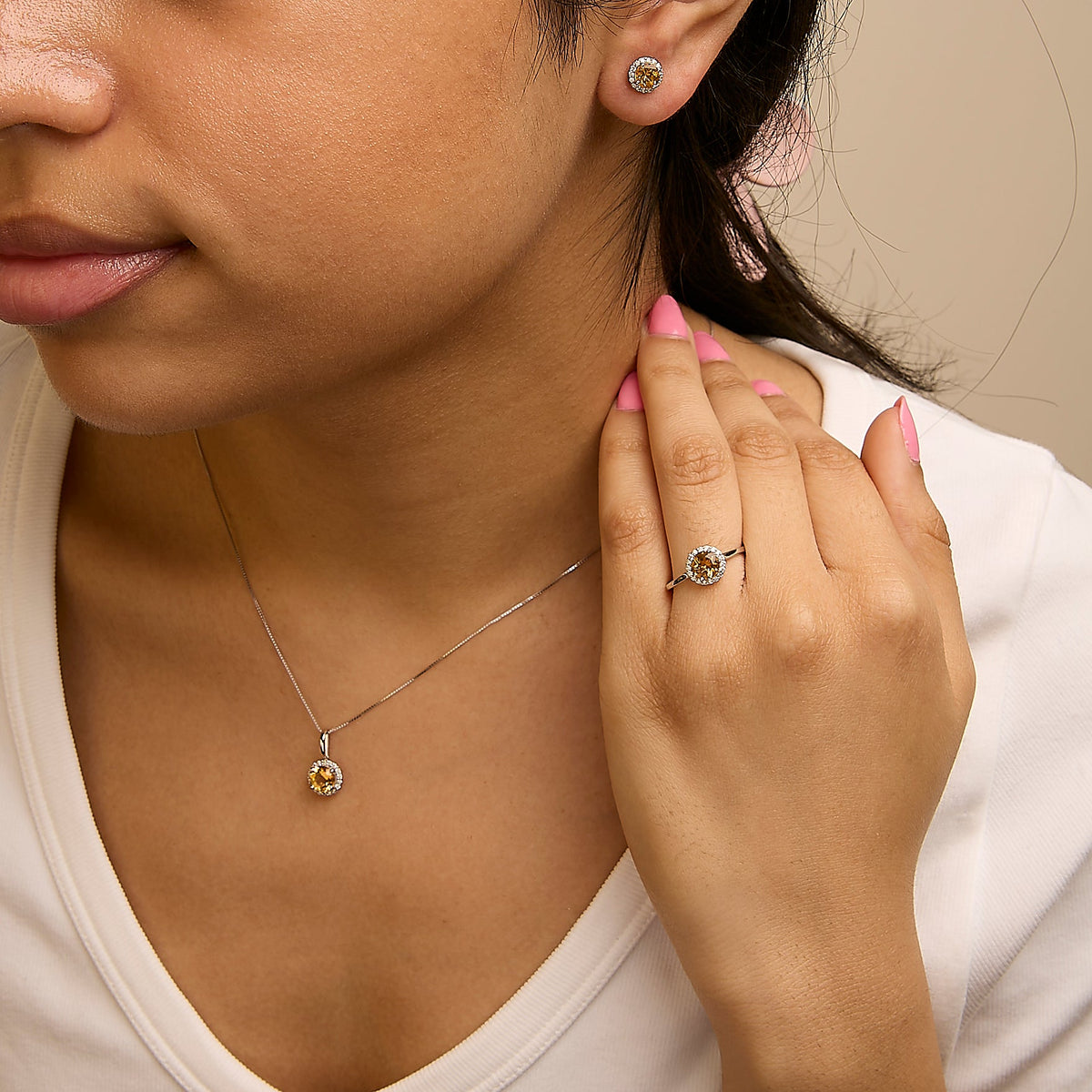10K Gold Gemstone and 3/8 Cttw Diamond Halo Jewelry Set (Earrings, Pendant & Ring)
