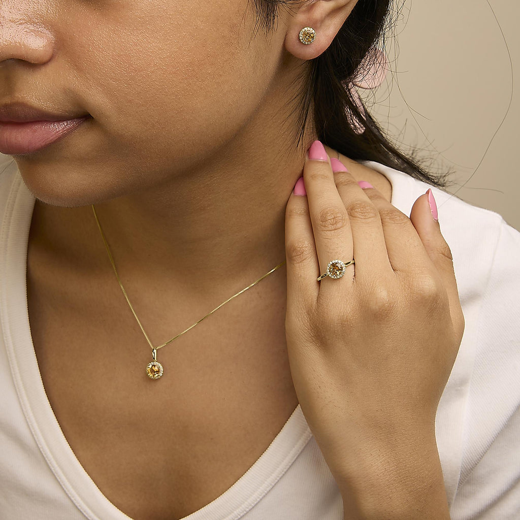 10K Gold Gemstone and 3/8 Cttw Diamond Halo Jewelry Set (Earrings, Pendant & Ring)
