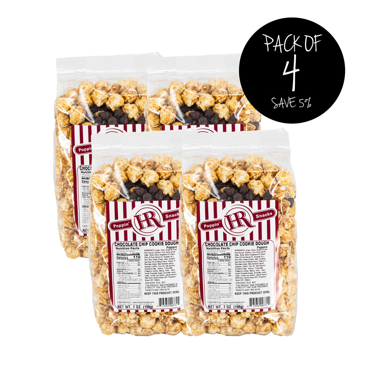 Chocolate Chip Cookie Dough Popcorn | Pack of 4 | 5 oz | HR Poppin' Snacks