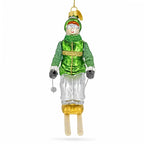 Retro Vintage Skier in Green Vest Glass Christmas Ornament