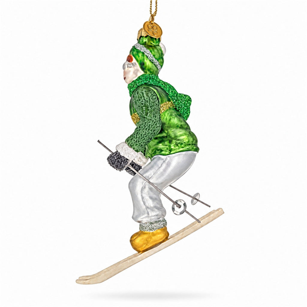 Retro Vintage Skier in Green Vest Glass Christmas Ornament