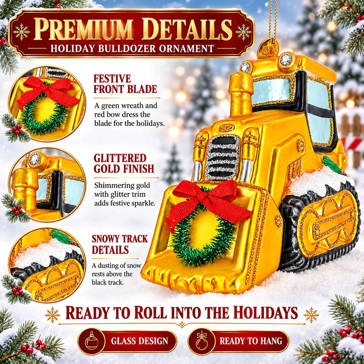 Yellow Construction Bulldozer Glass Christmas Ornament