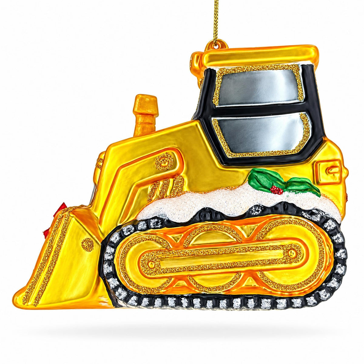 Yellow Construction Bulldozer Glass Christmas Ornament