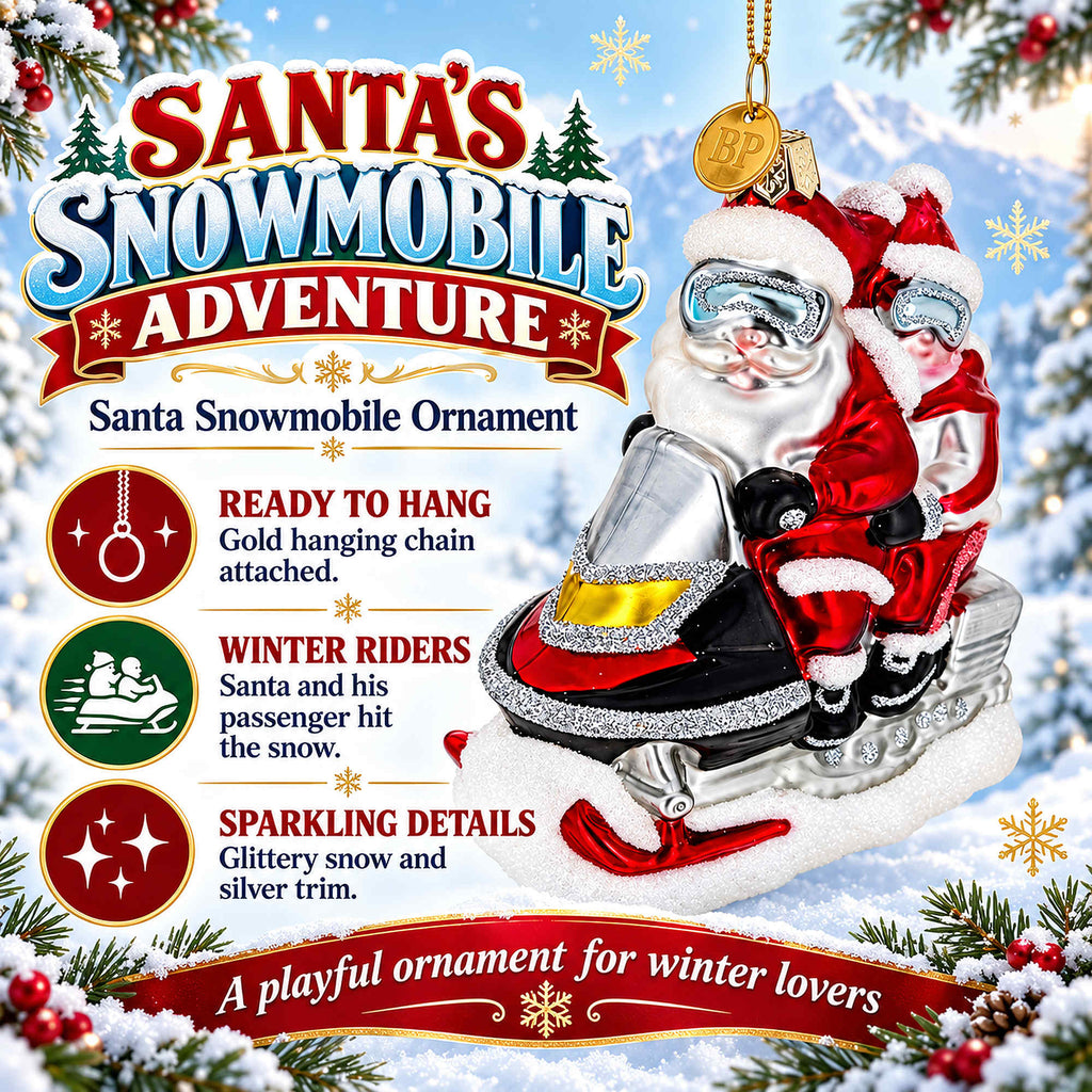 Retro Santa and Mrs. Claus on Snowmobile Glass Christmas Ornament