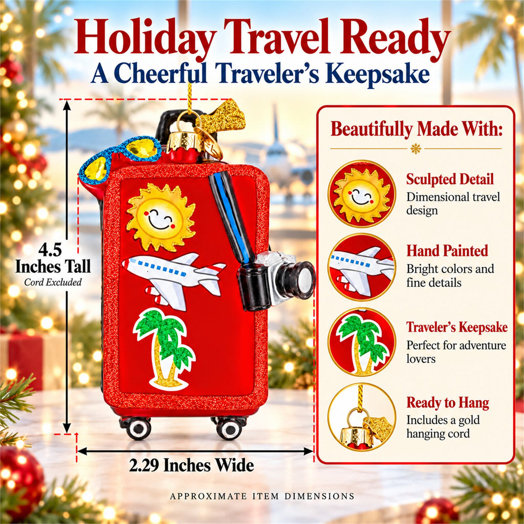 Red Travel Suitcase With Camera And Stickers Glass Christmas Ornament