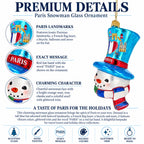 Paris France Theme Snowman Head Blue Top Hat Glass Christmas Ornament