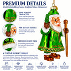 Irish Green Santa Claus Holding Shamrock Glass Christmas Ornament