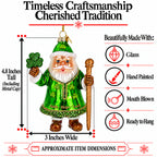 Irish Green Santa Claus Holding Shamrock Glass Christmas Ornament