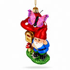 Garden Gnome with Mushroom Mailbox Glass Christmas Ornament