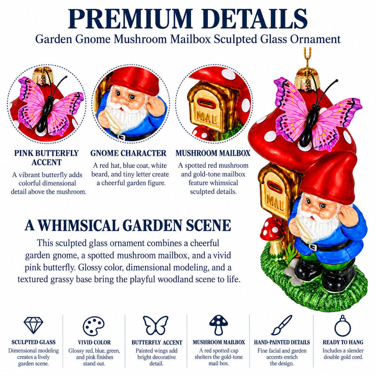 Garden Gnome with Mushroom Mailbox Glass Christmas Ornament