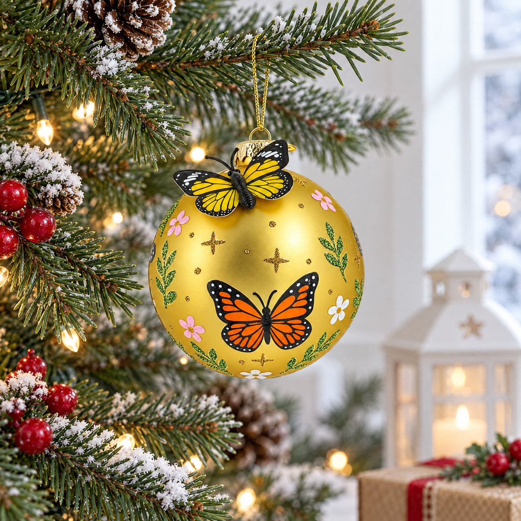 3D Yellow Butterfly Gold Round Ball Glass Christmas Ornament