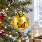 3D Yellow Butterfly Gold Round Ball Glass Christmas Ornament