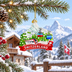 Switzerland Mountain Cable Car And Train Glass Christmas Ornament