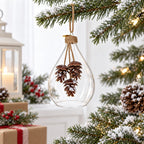 Clear Glass Teardrop With Frosted Pinecones Christmas Ornament