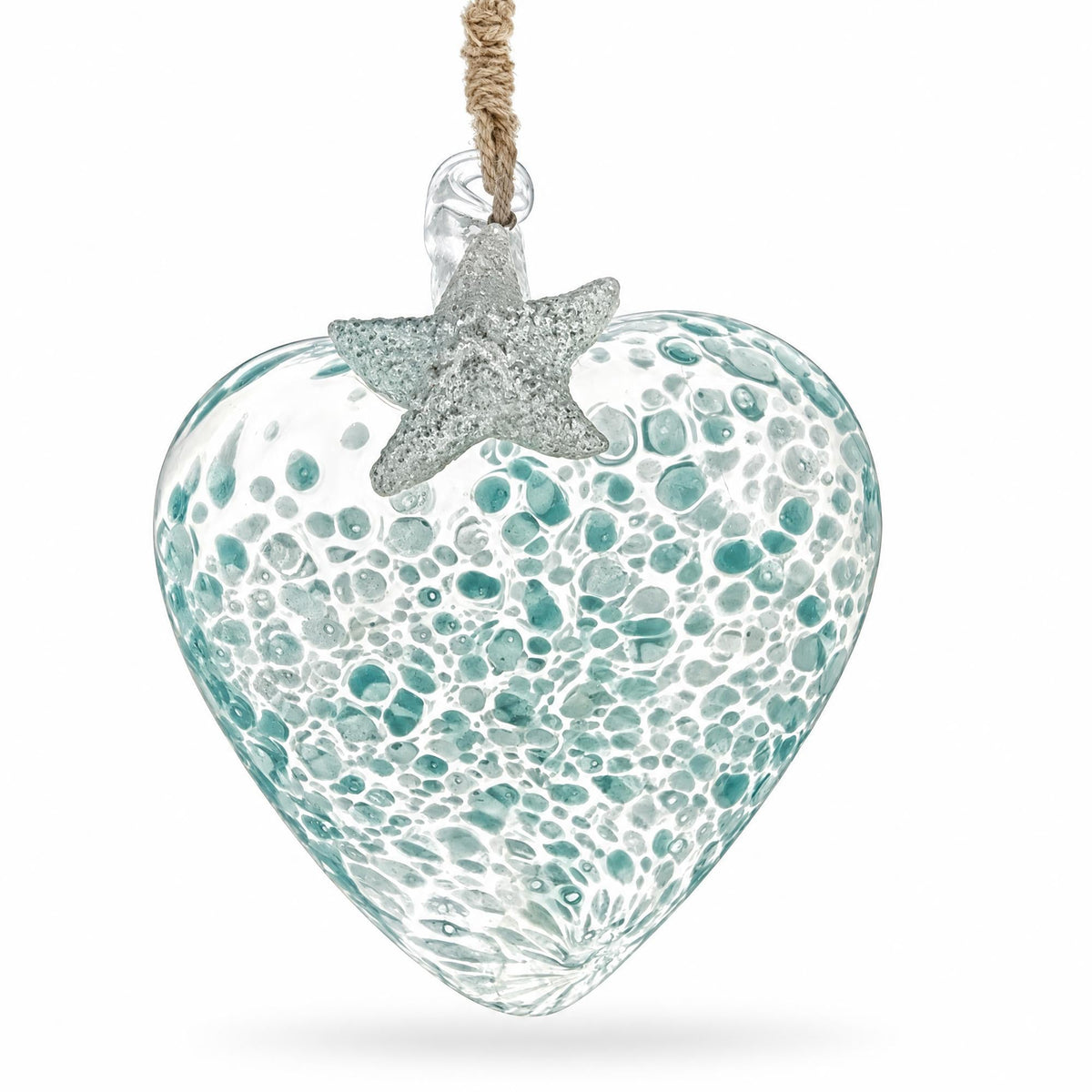 Blue Speckled Glass Heart With Starfish Christmas Ornament