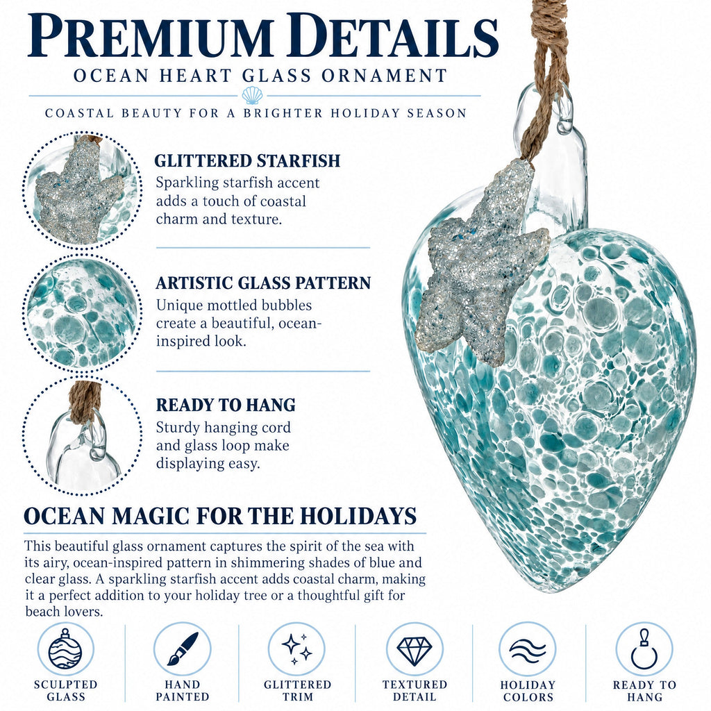 Blue Speckled Glass Heart With Starfish Christmas Ornament