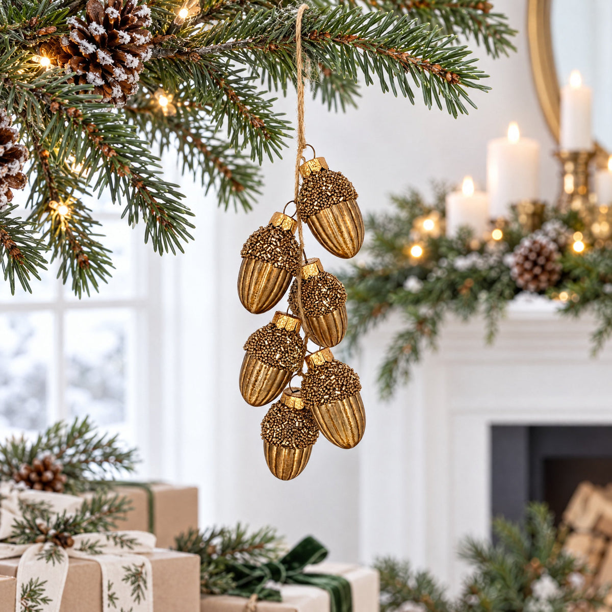 Gold Glitter Acorn Bunch Glass Christmas Ornament