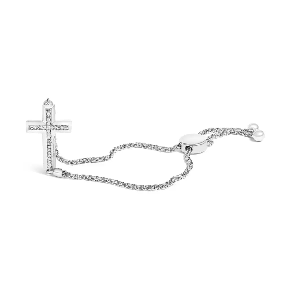 Diamond cross pavé sterling silver braided bolo bracelet adjustable 6–9 bijoux-nyc direct