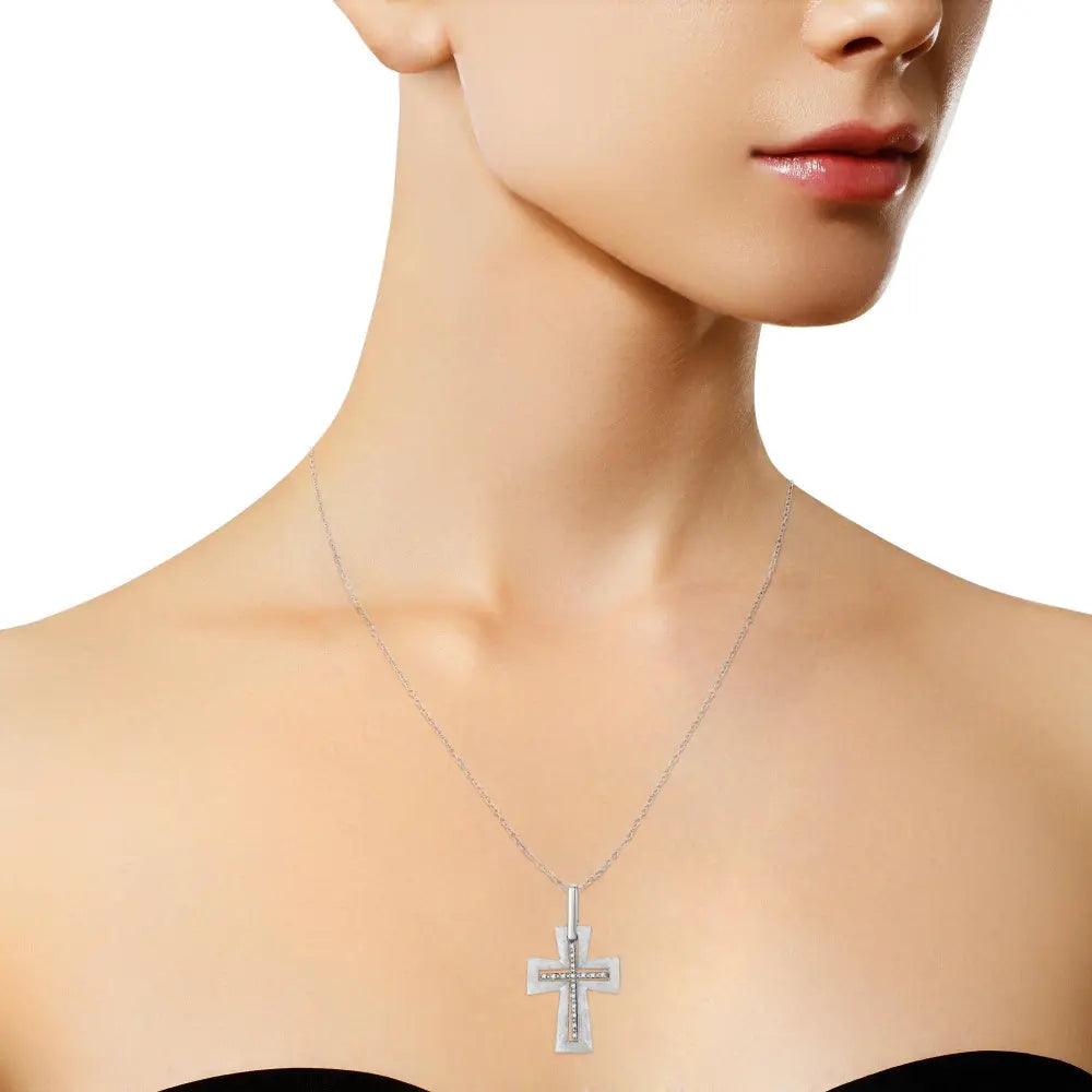 Sterling silver cross pendant with 1/20 cttw natural diamonds 18 inch chain bijoux-nyc direct