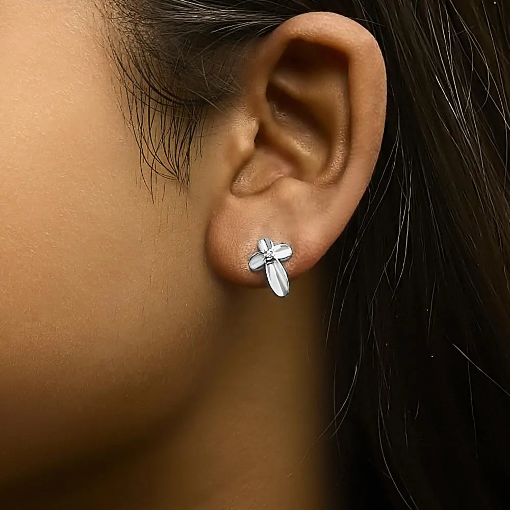 Sterling silver diamond floral cross stud earrings bijoux-nyc direct