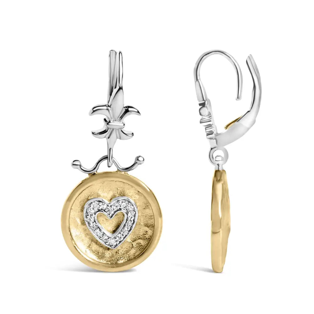 Hammered heart medallion 1/8 cttw diamond earrings in 18k gold over silver bijoux-nyc direct